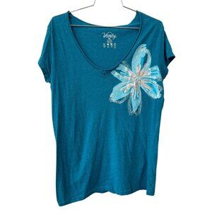 Vanity Graphic Tee Size XL Short Sleeve V Neck Beaded Floral T Shirt Cotton Boho
